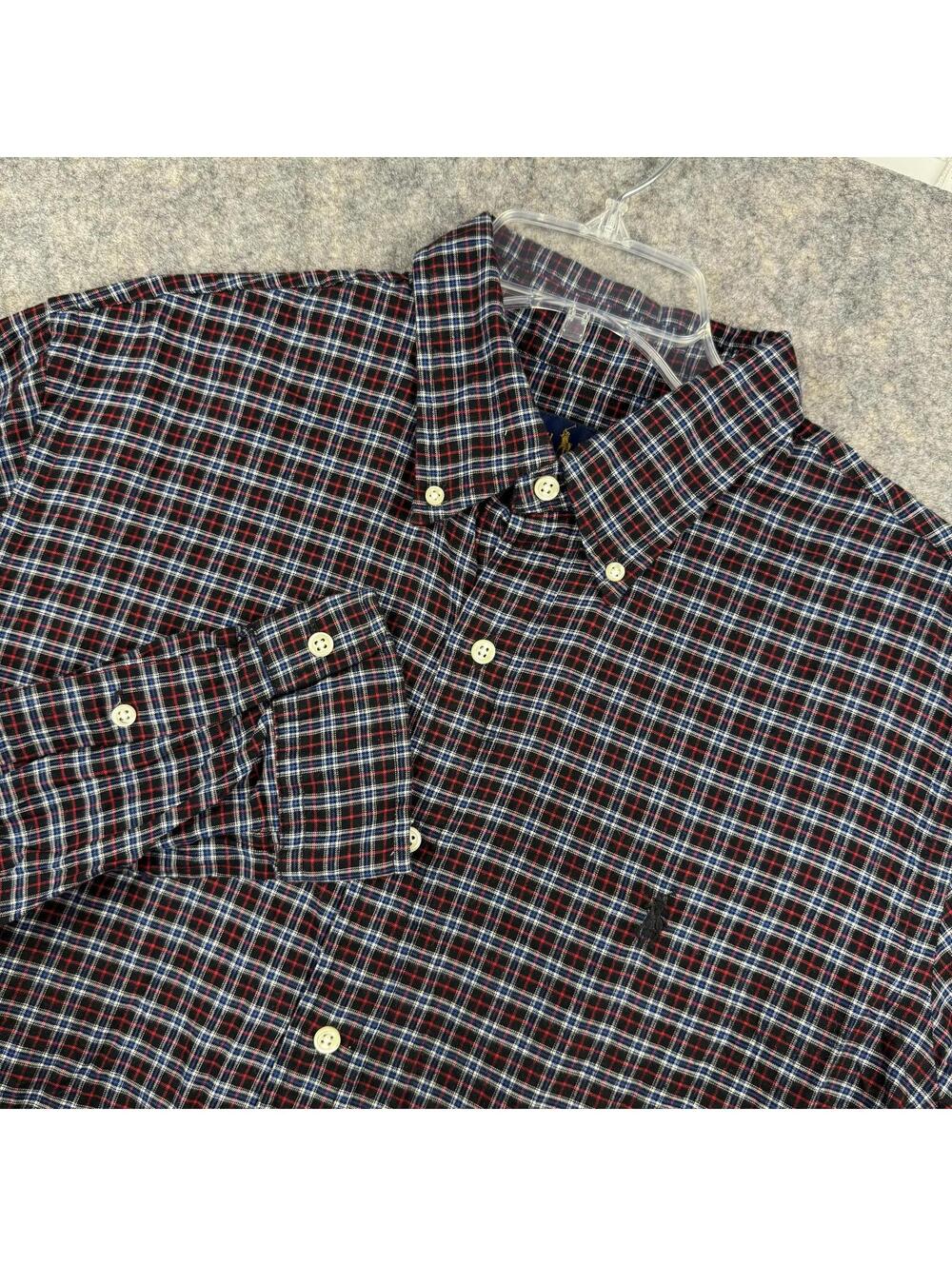 Ralph Lauren Long Sleeve Button Front Shirt Black Royal Blue Red Plaid Large.